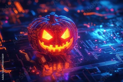 Wallpaper Mural A glowing jack-o'-lantern on the porch, with a Halloween theme. The pumpkin has a neon glow effect, with orange and blue lighting, creating an ultra-realistic photographic  Torontodigital.ca