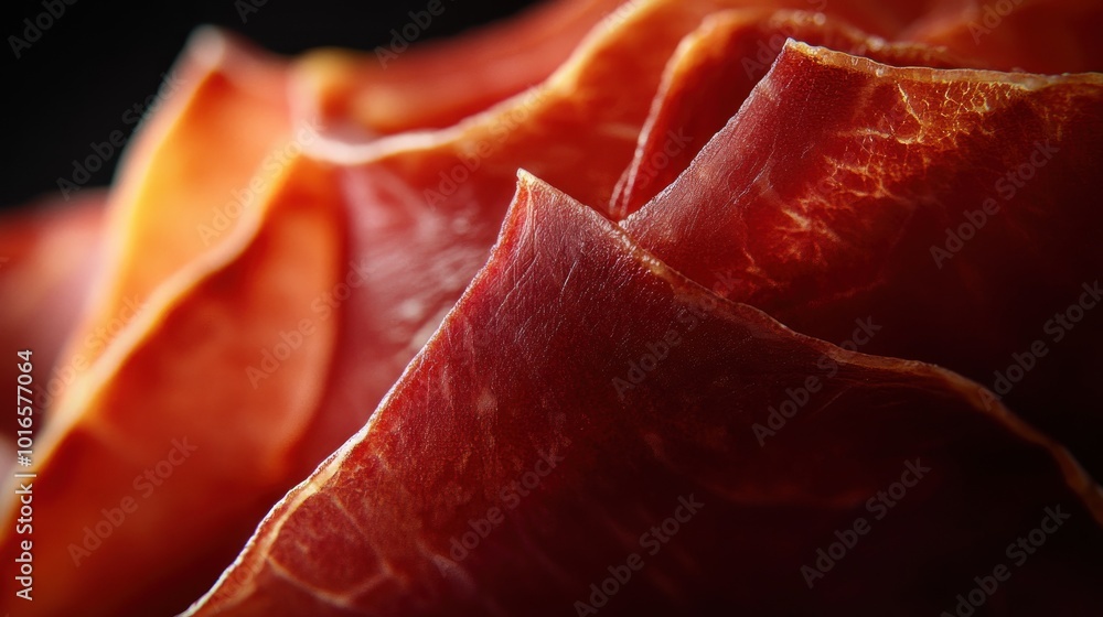 Close-up of thinly sliced cured meat showcasing rich textures and colors. Close-up of thinly sliced cured meat showcasing rich textures and colors.