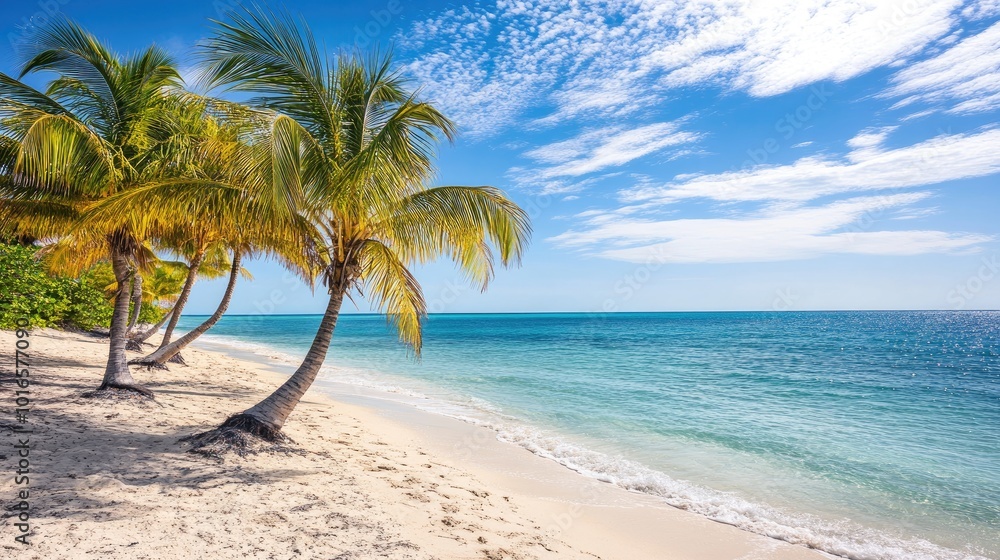 Palm trees lining a pristine beach, their leaves swaying gently in the tropical breeze, creating an idyllic vacation scene. Palm trees lining a pristine beach, their leaves swaying gently in the tropical breeze, creating an idyllic vacation scene.