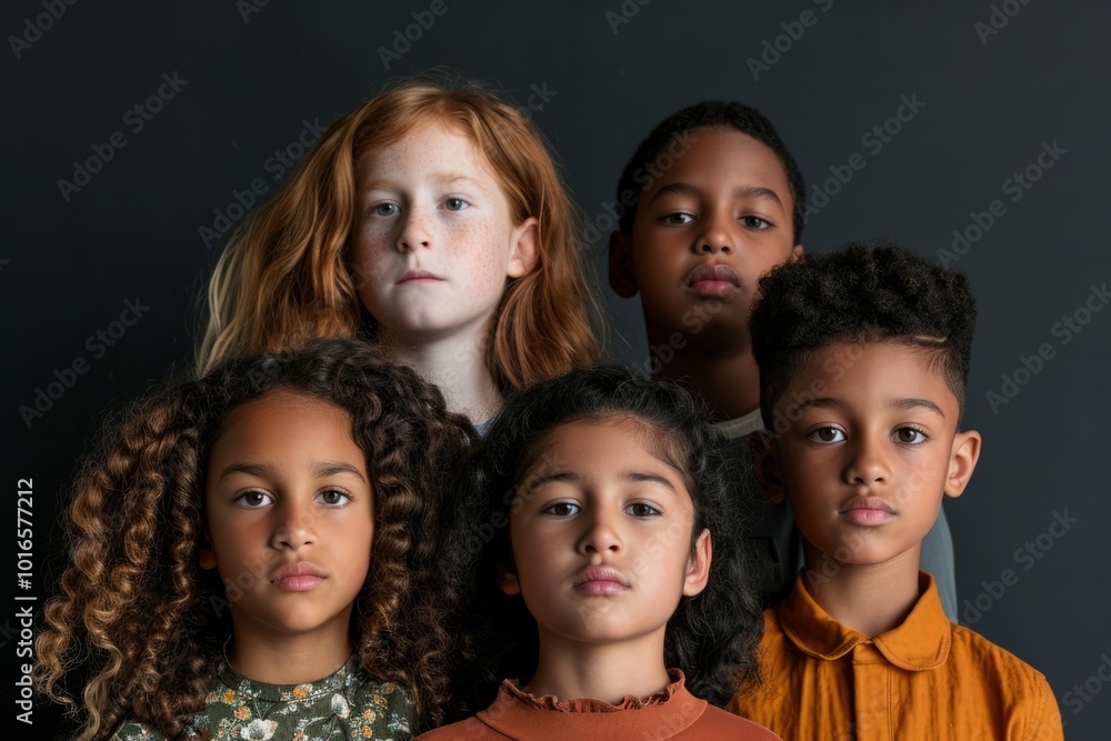 Portrait of a group of diverse children on a dark background. Portrait of a group of diverse children on a dark background.