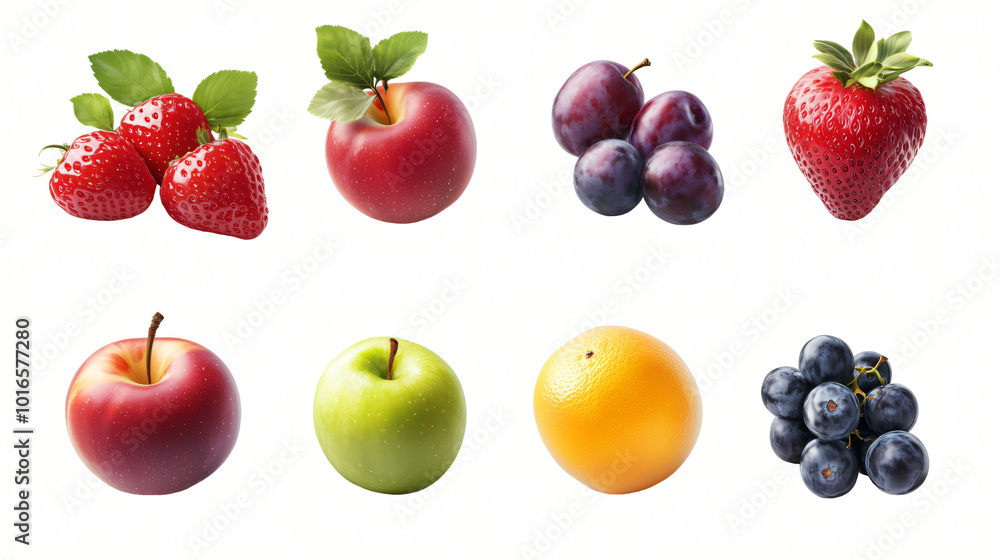 A fresh and colorful collection of ripe fruits including apples, peaches, pears, mangoes, strawberries, and berries with leaves, isolated on a white background, perfect for a healthy diet A fresh and colorful collection of ripe fruits including apples, peaches, pears, mangoes, strawberries, and berries with leaves, isolated on a white background, perfect for a healthy diet