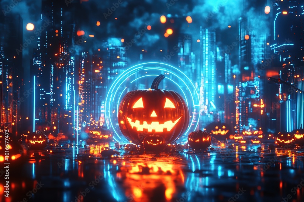 Fototapeta premium A Halloween pumpkin on a dark street, with neon lights in the background