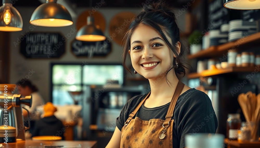 A charming and friendly portrait of a barista next to the register in a third-wave coffee shop. A charming and friendly portrait of a barista next to the register in a third-wave coffee shop.