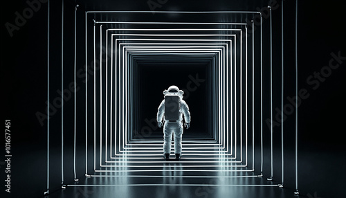 Astronaut staring into rectangular portal concentric frames liminal void tunnel abstract glitch art black background, high detail, centered composition