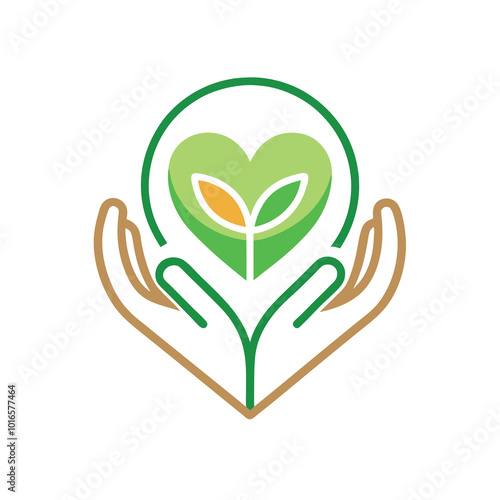 Simple Line Art Logo Hands Holding Green Heart, Earthy Color Vector Illustration on white background.