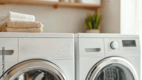 Wallpaper Mural Modern laundry machines with neatly stacked towels, bright and airy interior. Torontodigital.ca