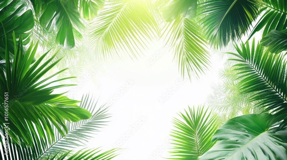 Tropical palm leaves set against a bright sky, with intricate textures and vibrant greens bringing a refreshing, tropical feel to the image. Tropical palm leaves set against a bright sky, with intricate textures and vibrant greens bringing a refreshing, tropical feel to the image.
