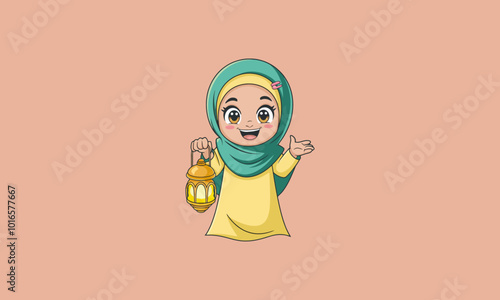 Smiling girl in hijab holding a lantern, welcoming gesture