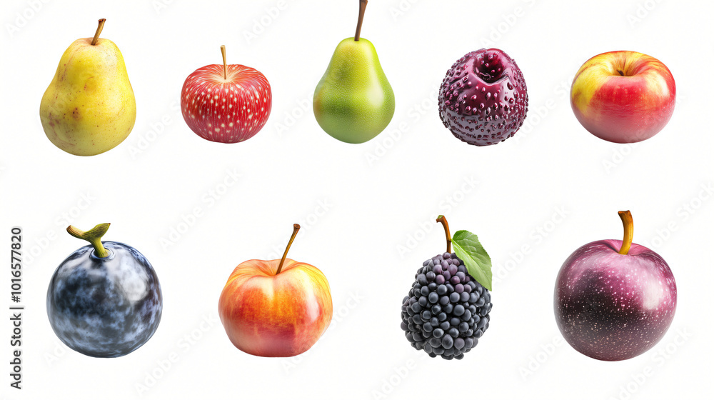 A colorful collection of fresh and ripe fruits including apples, oranges, pears, strawberries, and lemons isolated on a white background A colorful collection of fresh and ripe fruits including apples, oranges, pears, strawberries, and lemons isolated on a white background
