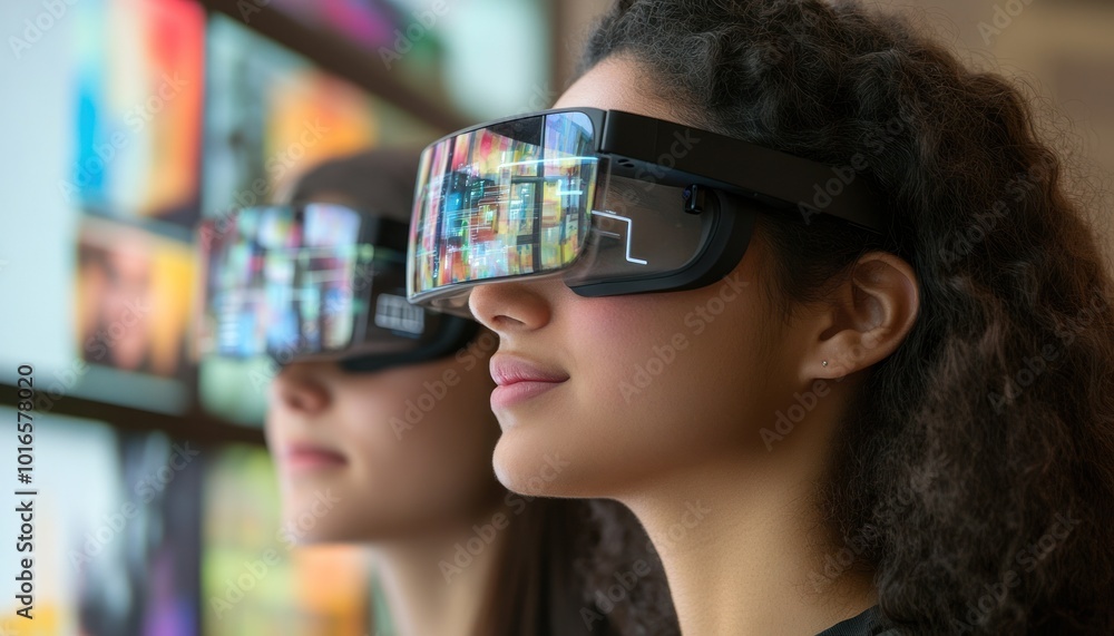 Women observing digital environments through VR glasses Women observing digital environments through VR glasses