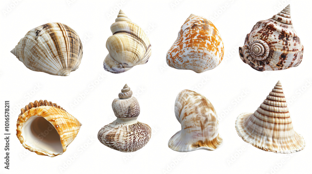 A collection of various white seashells arranged together, showcasing marine life with different shapes and sizes, white background A collection of various white seashells arranged together, showcasing marine life with different shapes and sizes, white background