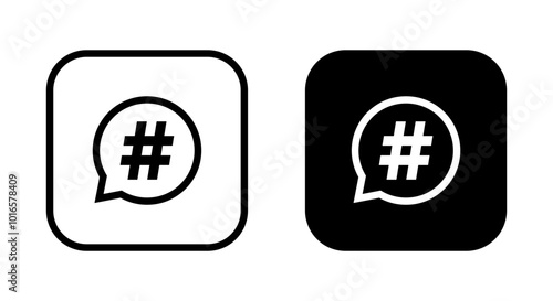 Hashtag speech bubble icon on black square. Social media element