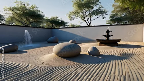 Peaceful Zen Garden with Sand Patterns and Stone Fountain photo