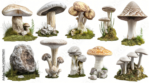 A collection of fresh mushrooms in grass with a white background showcasing their natural, edible beauty photo