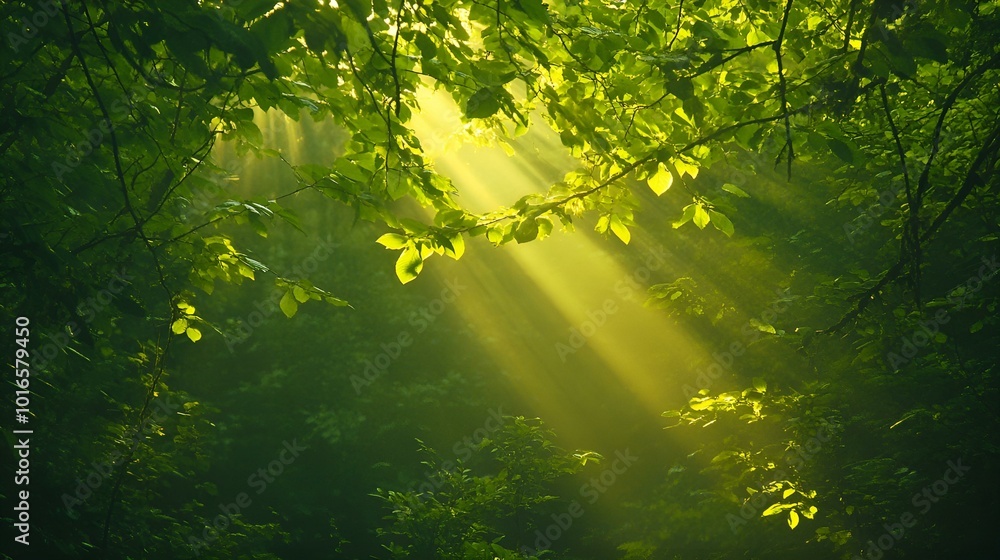 Sunbeams dance through the verdant canopy, casting dappled light on the forest floor Sunbeams dance through the verdant canopy, casting dappled light on the forest floor