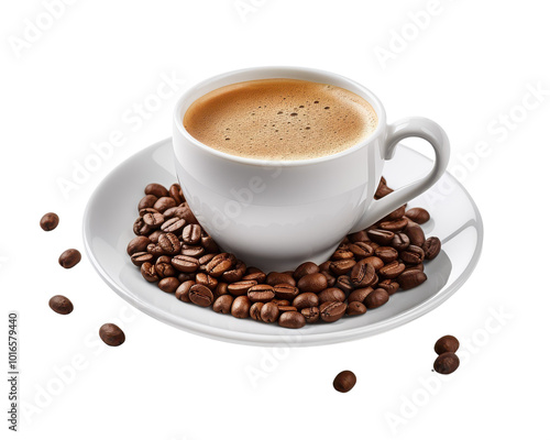 A white coffee cup with a white plate and a pile of coffee beans on top of it