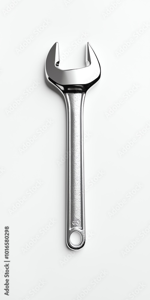 Minimalist composition of a single, perfectly polished chrome wrench on white Minimalist composition of a single, perfectly polished chrome wrench on white
