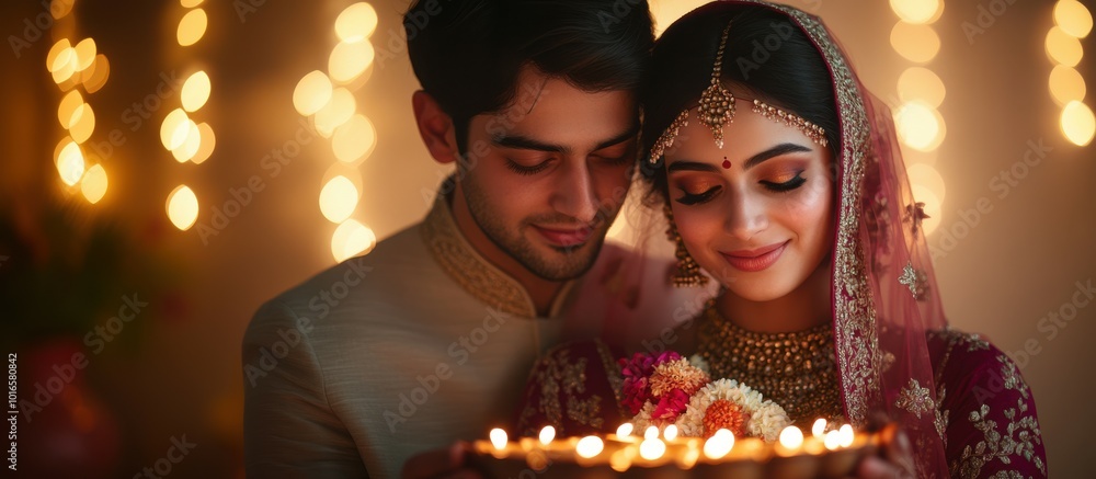 Portrait of a newly married young Indian woman in a vibrant burgundy bridal lehenga with intricate designs and a young Indian man in a soft grey sherwani, both adorned with fresh flower Portrait of a newly married young Indian woman in a vibrant burgundy bridal lehenga with intricate designs and a young Indian man in a soft grey sherwani, both adorned with fresh flower
