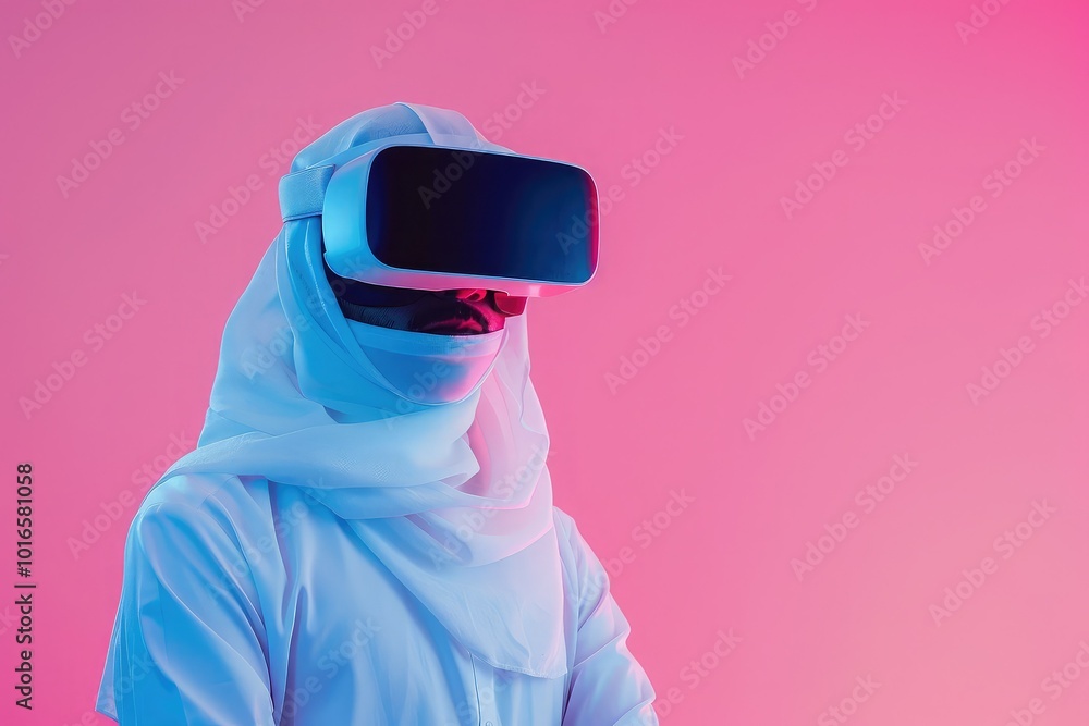 Fototapeta premium Person in white robe wearing VR headset.