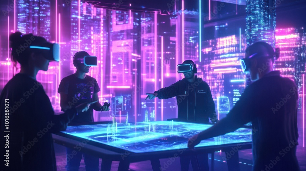 Technological planning with VR in neon city setting Technological planning with VR in neon city setting
