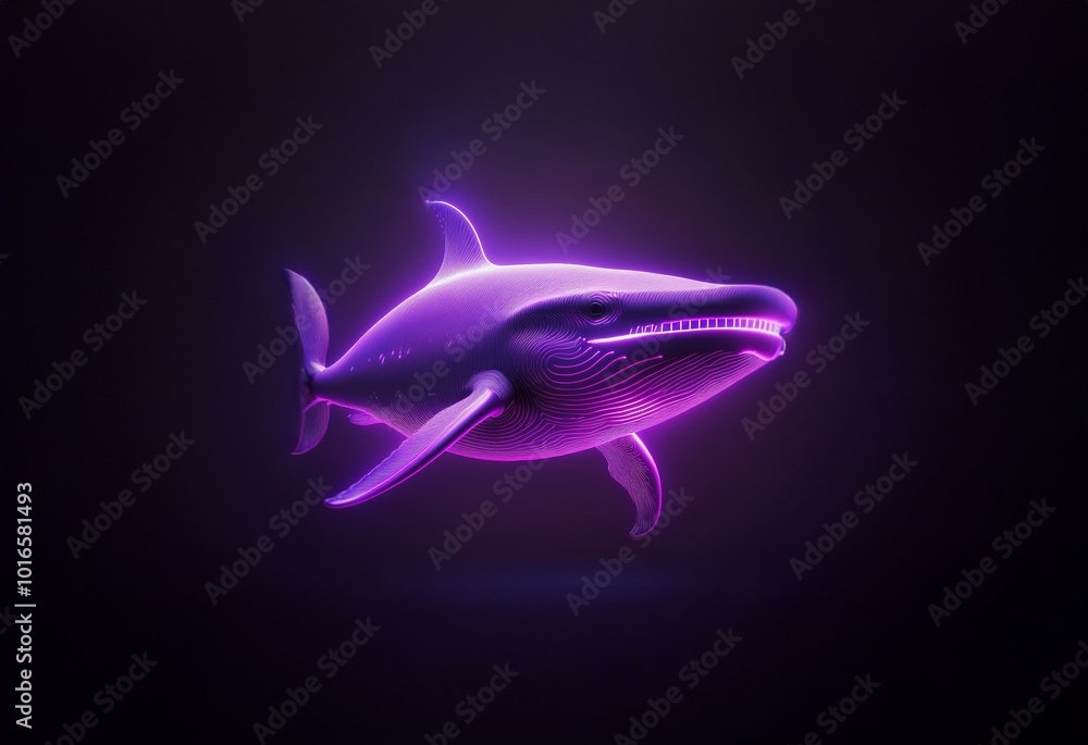 A glowing purple whale with outlined lines is swimming on a black background. A glowing purple whale with outlined lines is swimming on a black background.