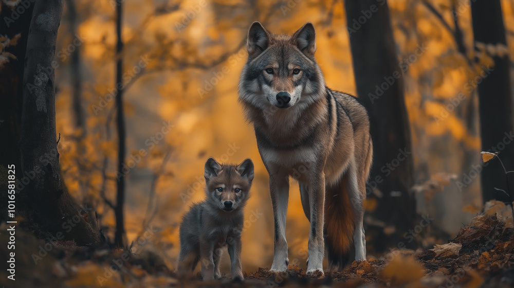 In a peaceful forest, a wolf stands watch over its young pup, representing the nurturing spirit of nature and the beauty of familial bonds that flourish in the wild and untamed landscapes In a peaceful forest, a wolf stands watch over its young pup, representing the nurturing spirit of nature and the beauty of familial bonds that flourish in the wild and untamed landscapes