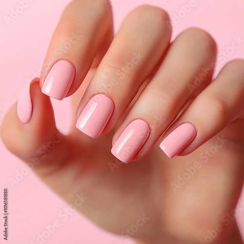 Elegant pink manicured nails on a hand with a soft pink background.