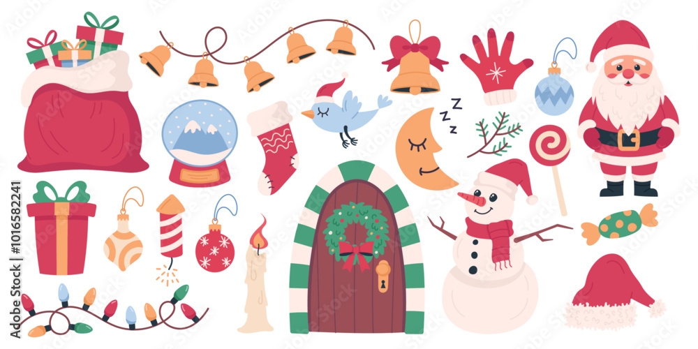Christmas elements collection: hand drawn holiday symbols and new year design on white background Christmas elements collection: hand drawn holiday symbols and new year design on white background