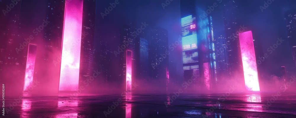Cyberpunk-inspired light pillars rising from the ground, illuminating a dark, reflective surface, neon artistry, empty space for advertising Cyberpunk-inspired light pillars rising from the ground, illuminating a dark, reflective surface, neon artistry, empty space for advertising