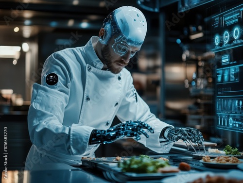 Cyborg chef skillfully prepares a gourmet dish meticulously photo