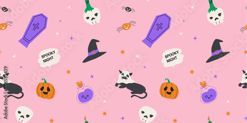 Seamless pattern with magic halloween elements hat, skull, pot, candle, bottle and pets. Wrapping texture on pink background.