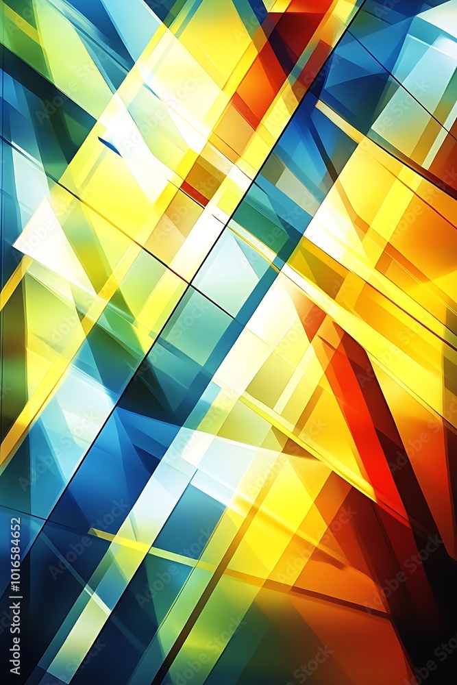 Fototapeta premium Abstract Geometric Design in Blue and Yellow with Diagonal Lines and Shapes, Conveying a Sense of Motion and Modern Artistic Expression