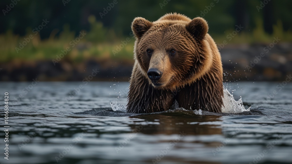 A brown bear standing in a river, looking directly at the camera. The water is splashing around its paws as it moves through the water. A brown bear standing in a river, looking directly at the camera. The water is splashing around its paws as it moves through the water.