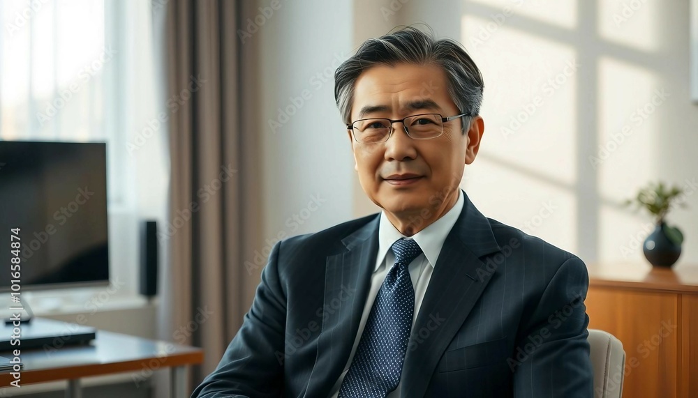 A portrait of an Asian executive in their office, illuminated by natural light. A portrait of an Asian executive in their office, illuminated by natural light.