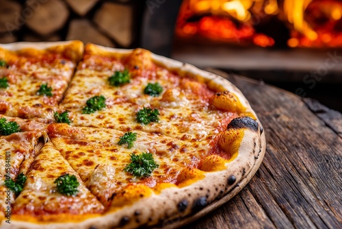 Delicious pizza with melted cheese and fresh herbs, rustic wooden table background.