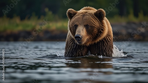 A brown bear standing in a river, looking directly at the camera. The water is splashing around its paws as it moves through the water.  photo