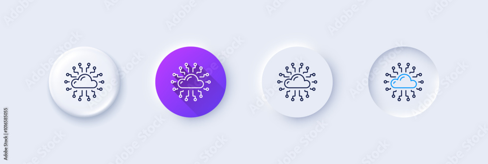 Cloud computing network line icon. Neumorphic, Purple gradient, 3d pin buttons. Internet data storage sign. File hosting technology symbol. Line icons. Neumorphic buttons with outline signs. Vector Cloud computing network line icon. Neumorphic, Purple gradient, 3d pin buttons. Internet data storage sign. File hosting technology symbol. Line icons. Neumorphic buttons with outline signs. Vector