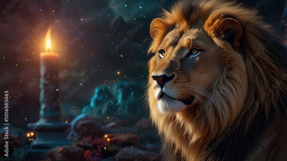 Fototapeta premium A majestic lion with a burning candle in the background, surrounded by a magical forest.