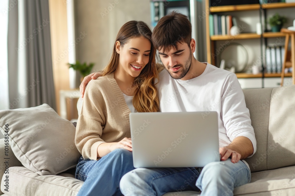 Couple sits on beige couch, engrossed in laptop. Man focuses on screen, woman engaged with content. Modern living room background with window, plant visible. Couple sits on beige couch, engrossed in laptop. Man focuses on screen, woman engaged with content. Modern living room background with window, plant visible.