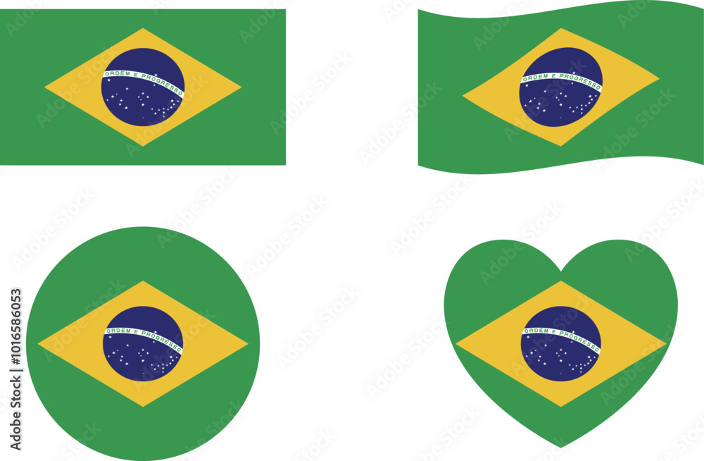 Fototapeta premium Brazil flags set. Circle icon. waving flag. heart shape icon. Various designs