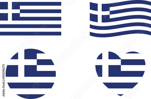 Greece flags set. Circle icon. waving flag. heart shape icon. Various designs