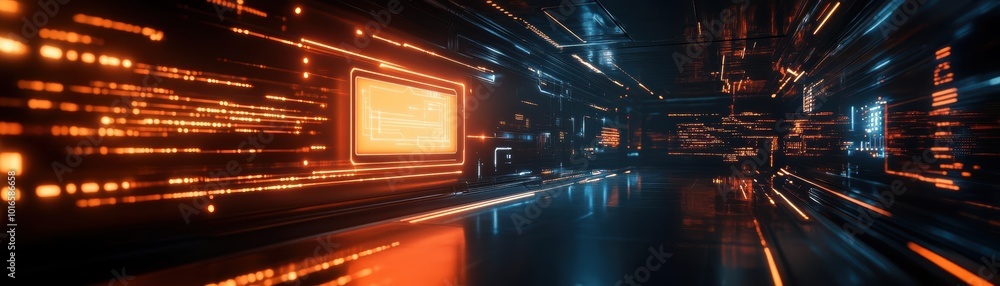 Futuristic communication icon in glowing neon orange, floating in a dark room with a tech interface, empty space for advertising Futuristic communication icon in glowing neon orange, floating in a dark room with a tech interface, empty space for advertising