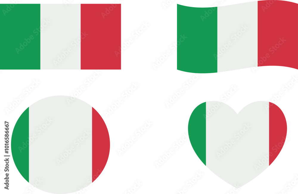 Italy flags set. Circle icon. waving flag. heart shape icon. Various designs