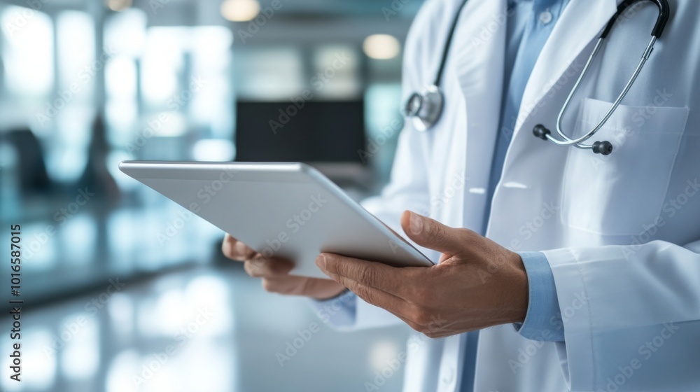A healthcare professional in a white coat holding a tablet, standing in a modern medical facility with natural light. A healthcare professional in a white coat holding a tablet, standing in a modern medical facility with natural light.