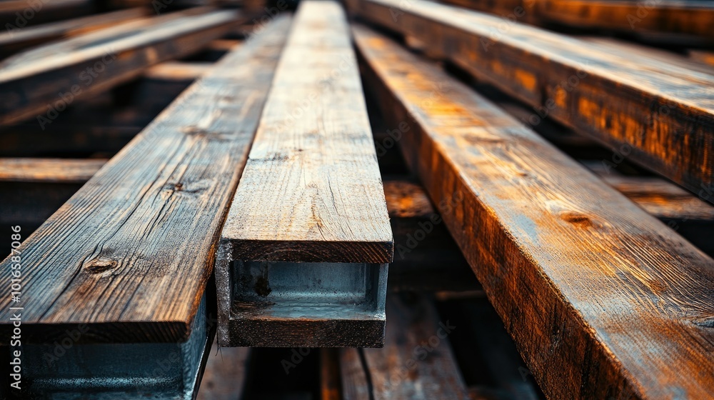 Wooden boards and steel beams scattered, open area for text in the background Wooden boards and steel beams scattered, open area for text in the background