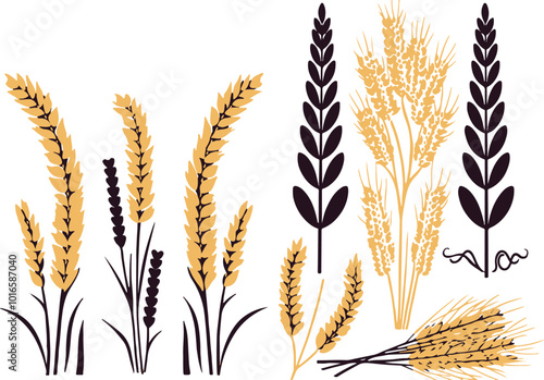 Set of minimalistic flat design wheat silhouettes. Hand drawn vector illustration	