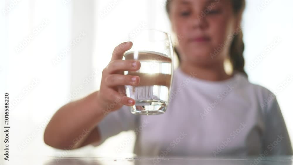 Child drinks water from glass cup on table in the kitchen. small concept of a healthy lifestyle. a girl drinks water in a glass. the girl drinks water and holds lifestyle a glass cup. Child drinks water from glass cup on table in the kitchen. small concept of a healthy lifestyle. a girl drinks water in a glass. the girl drinks water and holds lifestyle a glass cup.