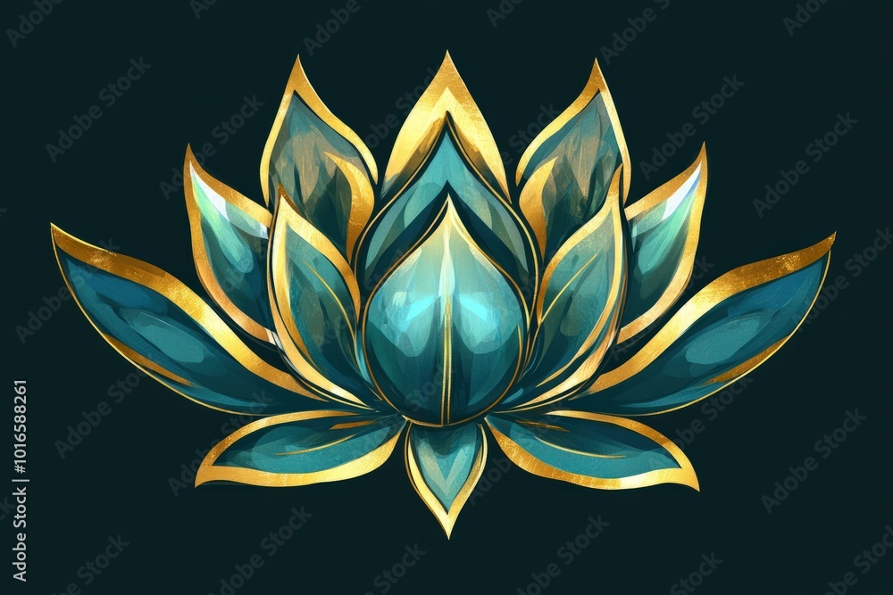 A stylized lotus vector with sharp, triangular petals and bold contrasting colors like gold and teal, combining modern aesthetics with traditional symbolism A stylized lotus vector with sharp, triangular petals and bold contrasting colors like gold and teal, combining modern aesthetics with traditional symbolism