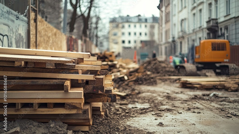 Wooden planks piled up at a construction site, blank space in the background for text Wooden planks piled up at a construction site, blank space in the background for text