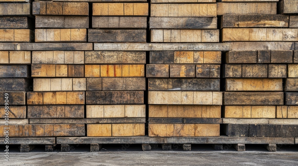 Wooden planks stacked neatly on a building site, ample space for text Wooden planks stacked neatly on a building site, ample space for text
